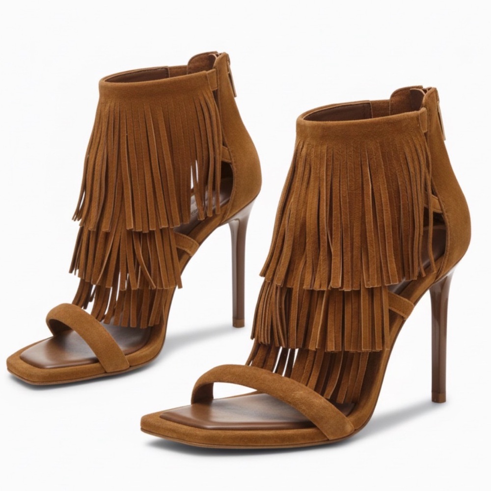Brown, Strappy, Fringed Heels - size 7